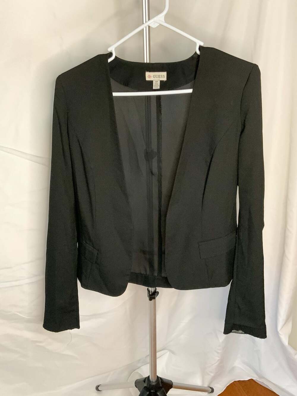 Guess Blazer Women’s Size S Black Open Front Sheer Back Collarless Jacket